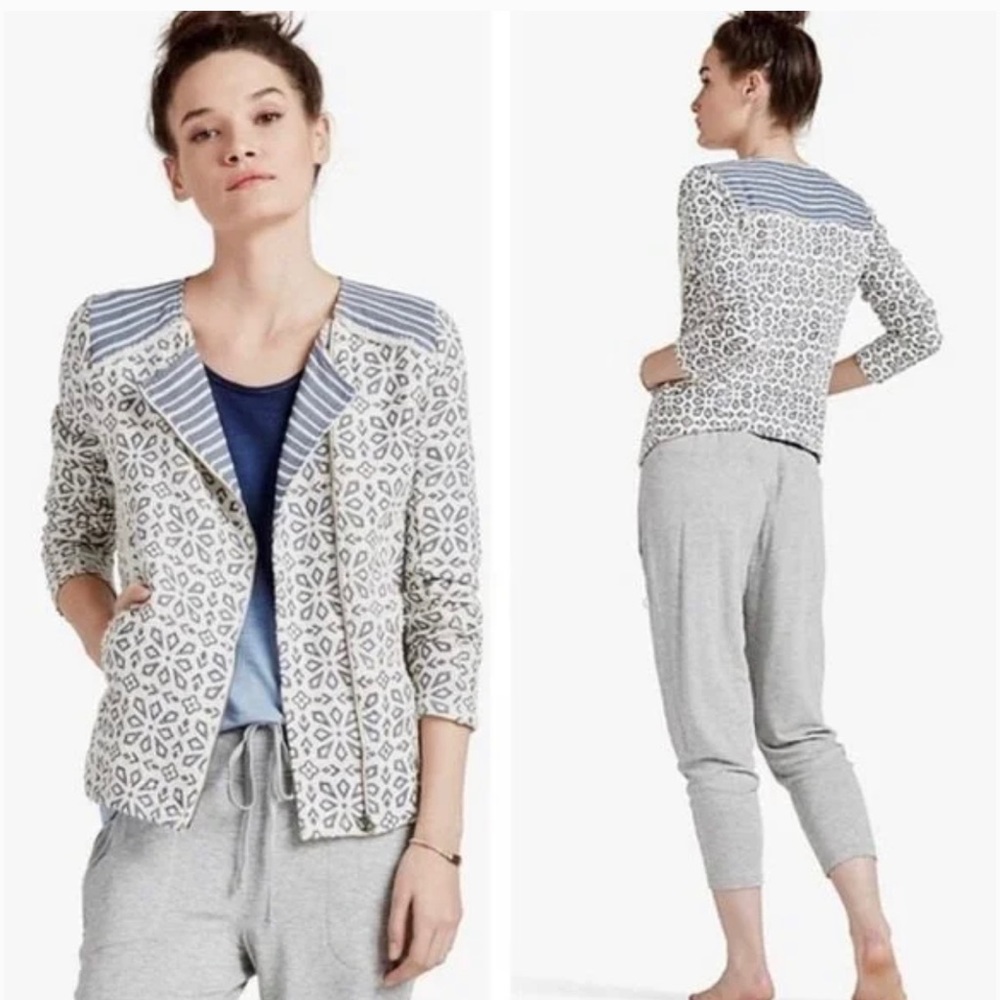 Lucky Brand Zip Jacket Cream Blue Ivory Dimaond Striped Fringe size Xsmall